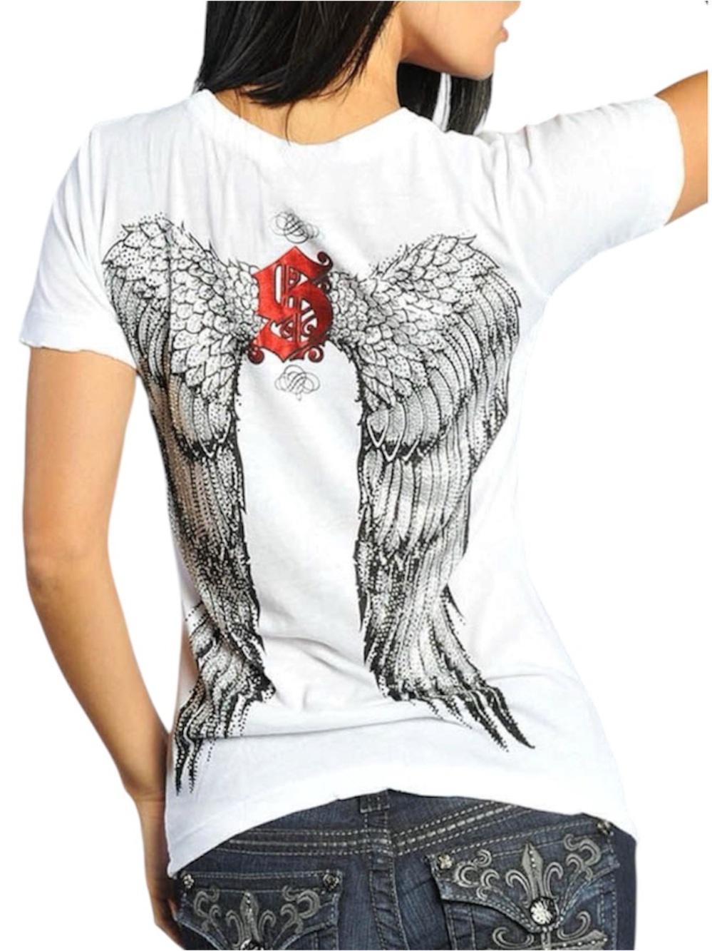 Affliction Sinful Angel Wings Graphic Baby Tee White Y2K Gothic Grunge Size S